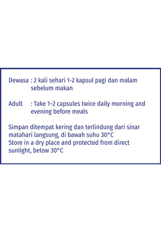 A white rectangular information panel with blue border and blue text in Malay and English, giving dosage and storage instructions for capsules.