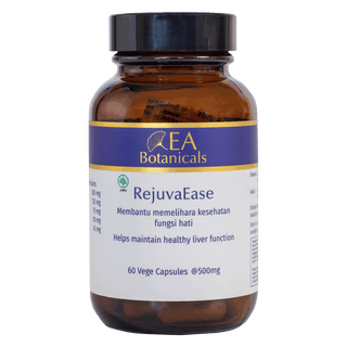 A bottle of EA Botanicals RejuvaEase herbal supplement capsules, featuring an amber glass bottle, black cap, and a white and purple label.